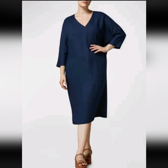 NWT Marina Rinaldi Edolo Linen Midi Shift Dress Women's Plus 20 Navy Blue - Picture 1 of 9